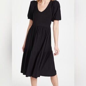 Nation LTD Geri Peasant Black  Tiered Puff Sleeve Pima Cotton Midi Dress size XS